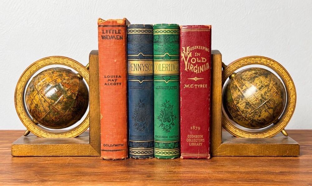 Vintage Mercurio D'Oro Globe Bookends | Italian Wood, Antique Map Design